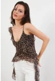 Kadın Camel-Siyah Leopar Desenli Fırfırlı Şifon Bluz FS033