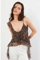 Kadın Camel-Siyah Leopar Desenli Fırfırlı Şifon Bluz FS033