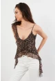 Kadın Camel-Siyah Leopar Desenli Fırfırlı Şifon Bluz FS033