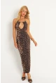 Kadın Camel-Siyah Sırtı Açık Leopar Midi Elbise MEN2060