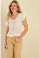 Kadın Ekru Ajurlu Triko Bluz ZU607