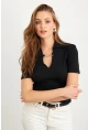 Kadın Siyah Aksesuarlı Crop Bluz COL3008
