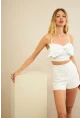 Kadın Ekru Fiyonklu Crop Bluz KED0089