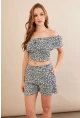 Kadın Ekru-Mavi Desenli Crop Şort Takım EV100