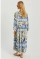 Kadın Ekru-Mavi Desenli Salaş Maxi Elbise GÇ166