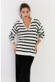 Kadın Ekru-Siyah Polo Yaka Çizgili Triko Kazak COL01