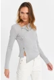 Kadın Gri Düğme Aksesuarlı Çapraz Yaka Bluz TF52