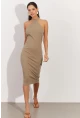 Kadın Haki Sırtı Açık Halter Midi Elbise OW138