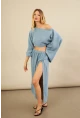 Kadın İndigo Yarasa Kol Crop Müslin Etek Takım BTY104