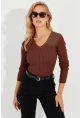 Kadın Kahve V Yaka Fitilli Triko Bluz SMT216