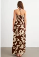 Kadın Kahverengi Büzgülü Desenli Midi Elbise KAB304
