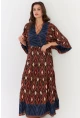Kadın Kahverengi Desenli Dokuma Maxi Elbise ALO235