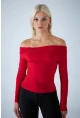Kadın Kırmızı Halka Aksesuarlı Madonna Yaka Crop Bluz COL3043