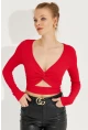 Kadın Kırmızı Önü Düğümlü Crop Bluz AYD244