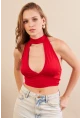 Kadın Kırmızı Sırt Detaylı Pencereli Crop Bluz EY3108