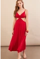 Kadın Kırmızı Sırtı Açık Halter Yaka Midi Elbise AN7036