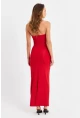 Kadın Kırmızı Straplez Yırtmaçlı Midi Elbise XC005