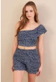 Kadın Lacivert Desenli Crop Şort Takım EV100