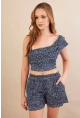 Kadın Lacivert Desenli Crop Şort Takım EV100