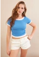 Kadın Mavi Büzgülü Beyaz Garnili Bluz MX9465