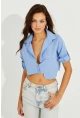 Kadın Mavi Crop Cepli Gömlek TD153