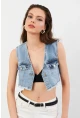Kadın Mavi Denim Crop Yelek TUR1001