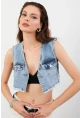 Kadın Mavi Denim Crop Yelek TUR1001