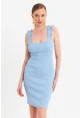 Kadın Mavi Omuz Bantlı Kaşkorse Mini Elbise URO203
