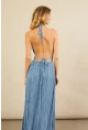 Kadın Mavi Sırtı Açık Piliseli Maxi Elbise YEL221664