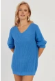 Kadın Mavi V Yaka Salaş Triko Bluz SMT158