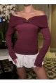 Kadın Omuz Açık Toka Detaylı Bordo Bluz