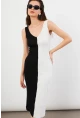 Kadın Siyah-Beyaz Color Block Kaşkorse Midi Elbise EY3126