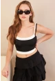 Kadın Siyah Color Block Askılı Crop Bluz AN8082