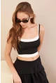 Kadın Siyah Color Block Askılı Crop Bluz AN8082
