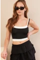 Kadın Siyah Color Block Askılı Crop Bluz AN8082