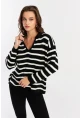 Kadın Siyah-Ekru Polo Yaka Çizgili Triko Kazak COL01