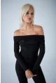 Kadın Siyah Halka Aksesuarlı Madonna Yaka Crop Bluz COL3043