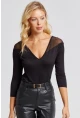 Kadın Siyah Ön Arka V Tül Detaylı Bluz Yİ2502