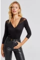 Kadın Siyah Ön Arka V Tül Detaylı Bluz Yİ2502