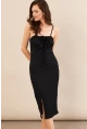 Kadın Siyah Önü Bağlamalı Rustik Midi Elbise FRO2001