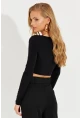 Kadın Siyah Önü Büzgülü Crop Bluz B3015
