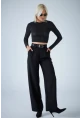 Kadın Siyah Plili Geniş Paça Pantolon DER3008