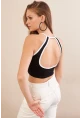 Kadın Siyah Sırtı Açık Kontrast Crop Bluz EY3118