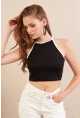 Kadın Siyah Sırtı Açık Kontrast Crop Bluz EY3118