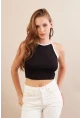Kadın Siyah Sırtı Açık Kontrast Crop Bluz EY3118