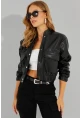 Kadın Siyah Suni Deri Kısa Bomber Ceket LST57