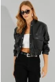 Kadın Siyah Suni Deri Kısa Bomber Ceket LST57