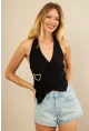 Kadın Siyah Tokalı Asimetrik Crop Bluz AN8134