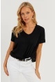 Kadın Siyah V Yaka Salaş T-Shirt LPP1271