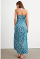 Kadın Turkuaz Büzgülü Desenli Midi Elbise KAB304